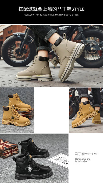 Men's Boots Lace Up 2024 Winter New High Top Leisure All-match Men's Casual Boots Non-slip Trend Rubber Men Flat Boots
