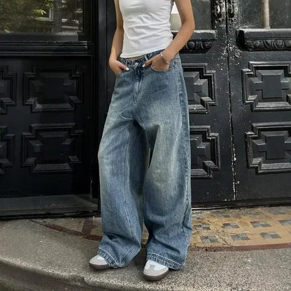 Vintage Aesthetic Emo Loose Washed Pants 2024 Summer Women's Casual Blue Harajuku Jeans Y2K Wide Leg Punk Baggy Denim Trouser