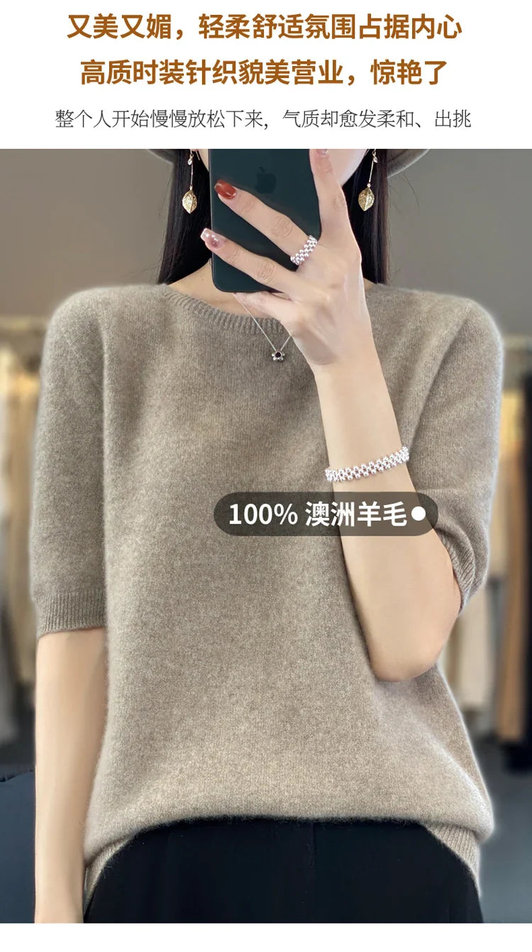 100% pure wool T-shirt spring and summer new women's O-neck pullover short sleeve loose five-sleeve sweater high-end top