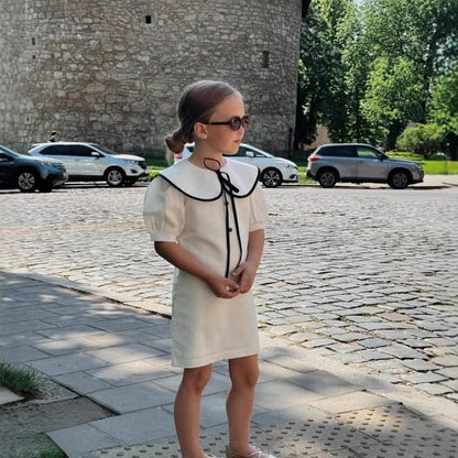 2-8Yrs Kids Girls Summer Dress Colorblock Doll Collar Elegant British-French Style Princess Dress UNITIM Children Girl Dress