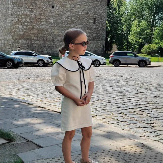 2-8Yrs Kids Girls Summer Dress Colorblock Doll Collar Elegant British-French Style Princess Dress UNITIM Children Girl Dress
