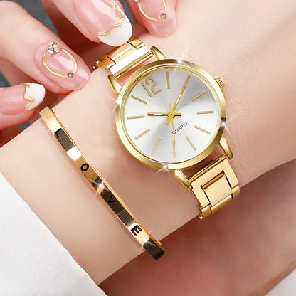 2PCS Fashion Womens Watches Opening Cuff Bracelet Set Gold Simple Round Ladies Quartz Wristwatch Reloj Mujer