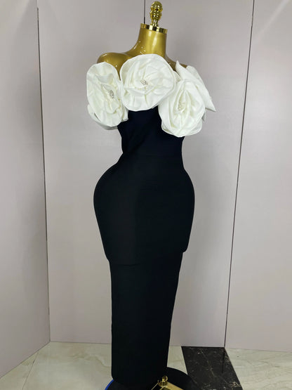 Red Flowers Sexy Off The Shoulder Ankle Lenght Bandage Dress Woman Birthday Party Vestido Wedding Party Outfit