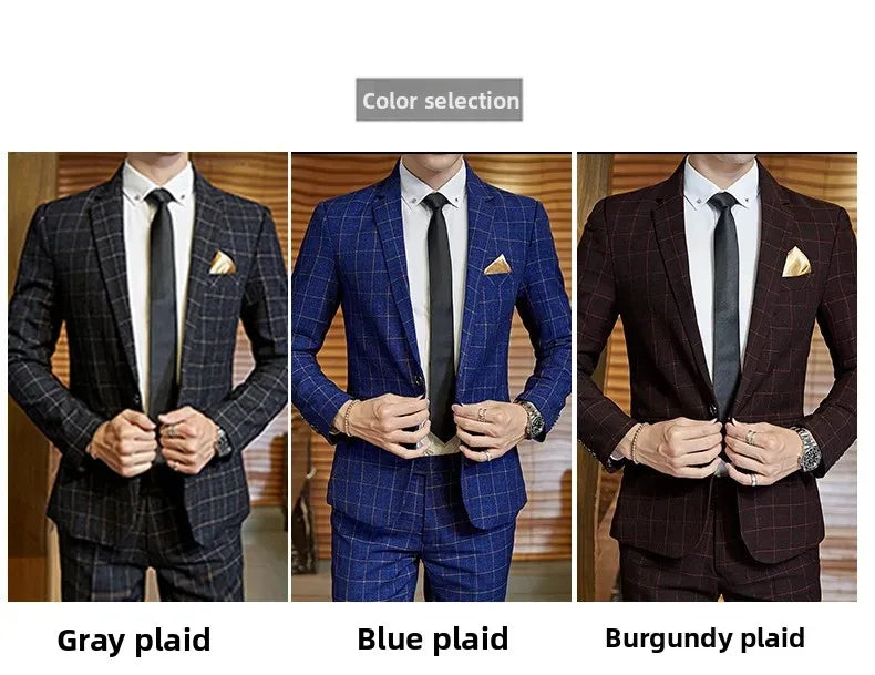 Men's Slim Fit Plaid Wedding Suit Jacket Korean Style Business Casual Single-breasted Suit with Set Wedding Groomsmen Wear