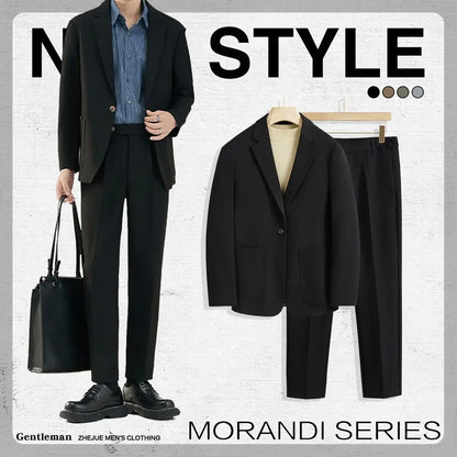 2 Piece Outfit Set Male Solid Color Youth Trends Costumes Ceremony Pants Full Men's Suits and Blazers Clothes Classic Elegant