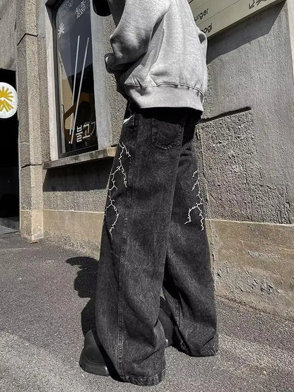 Retro Street Design Thorn Embroidery Niche Versatile Loose Straight Jeans 's Casual Pants (Button Holes Not Opened At Waist)
