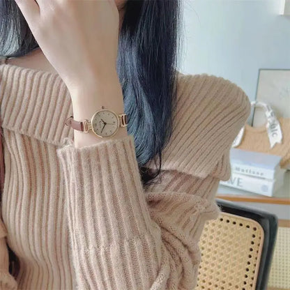 Simple Women's Watches Small Round Ladies Bracelet Watch PU Leather Thin Retro Quartz Wristwatch for Women Girls Gifts