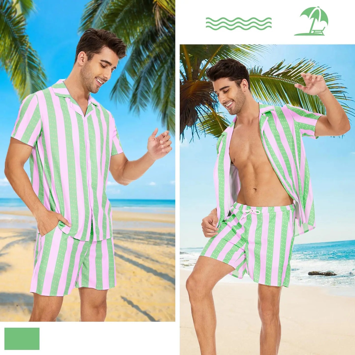 2024 New Men's Summer Holiday Suit Retro Textured Printed Border Shirt Short Sleeve Shorts Two Piece Men's Breathable Pool Suit