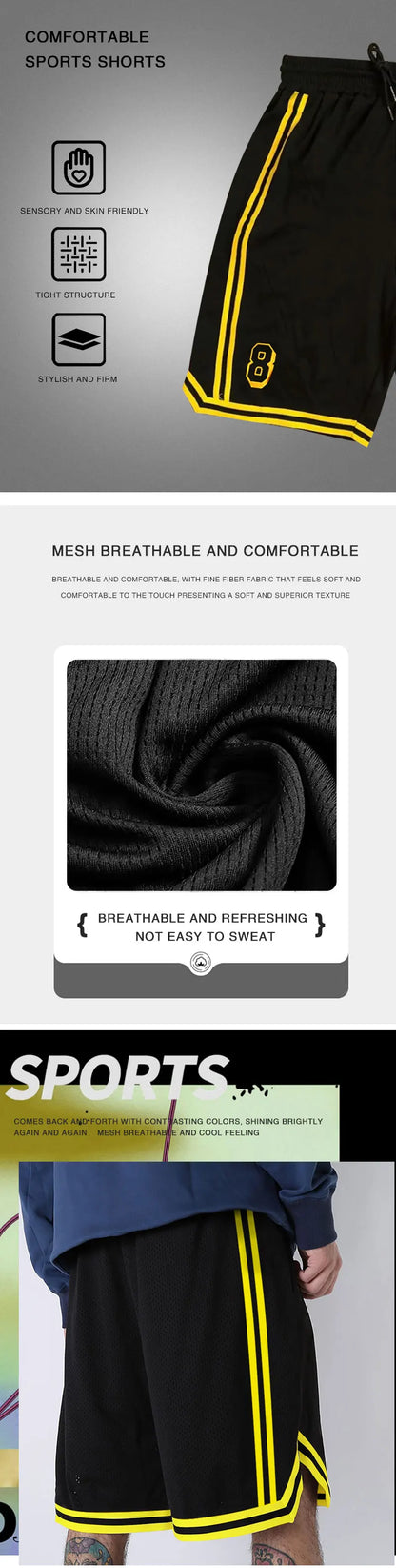 New Summer Men's Shorts Black And Yellow Patchwork No.8 And 24 Basketball Pants Casual Fitness Jogging Street Ball Sweatpants
