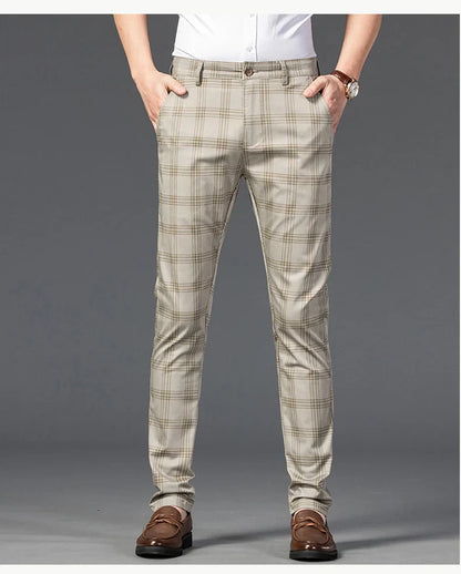 Brand Clothing Mens Casual Pants Fashion Plaid Classic Business Formal Trousers Elastic Straight Social Luxury Suit Pants