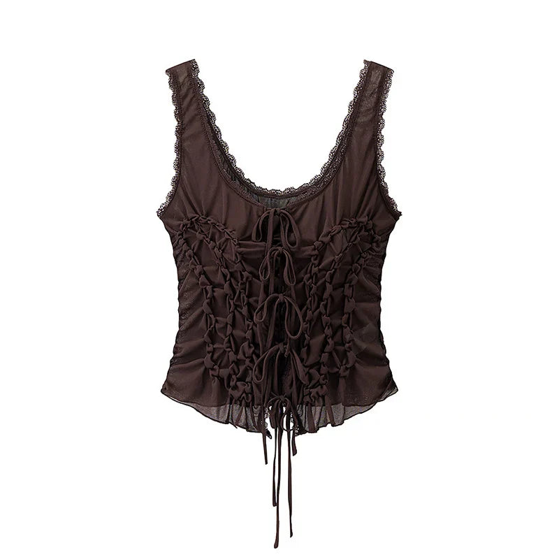 Women Fashion Solid Pleated Lace Up Slim Fitting Camis Vintage Straps V-Neck Female Chic Lady Tank Tops