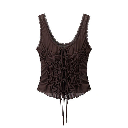 Women Fashion Solid Pleated Lace Up Slim Fitting Camis Vintage Straps V-Neck Female Chic Lady Tank Tops