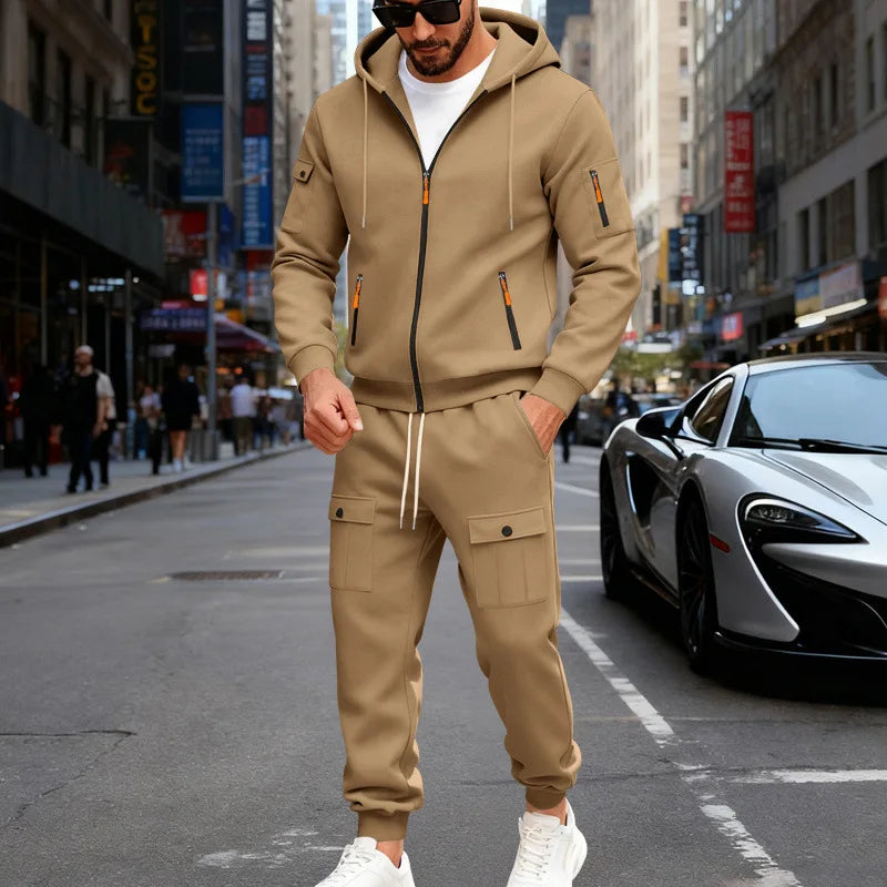 Autumn and winter men's velvet loose casual tooling outdoor sports fashion hooded sweater set