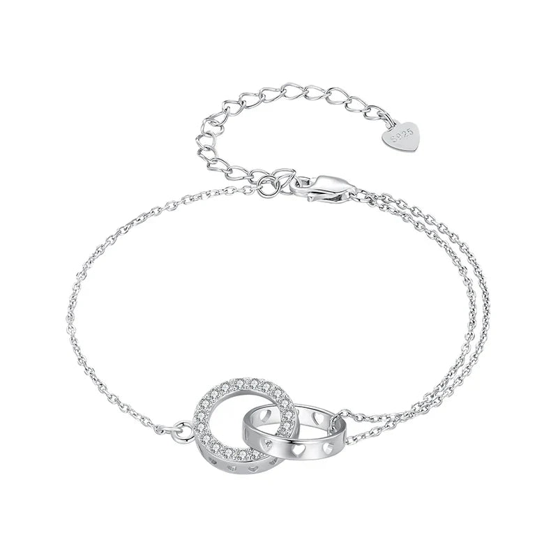925 Sterling Silver Double Circle Bracelet Eternity Adjustable Chain Link Platinum Plated for Women Valentine's Day Gift