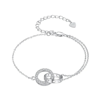 925 Sterling Silver Double Circle Bracelet Eternity Adjustable Chain Link Platinum Plated for Women Valentine's Day Gift