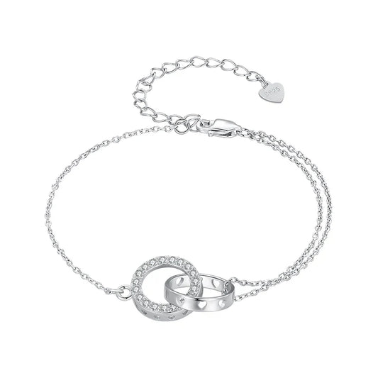 925 Sterling Silver Double Circle Bracelet Eternity Adjustable Chain Link Platinum Plated for Women Valentine's Day Gift