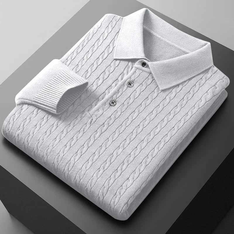 Men's Knitted Polo Shirts Button Cable Pullover Sweater V-neck Long Sleeve Outerwear Warm Heavyweight Solid Jumper