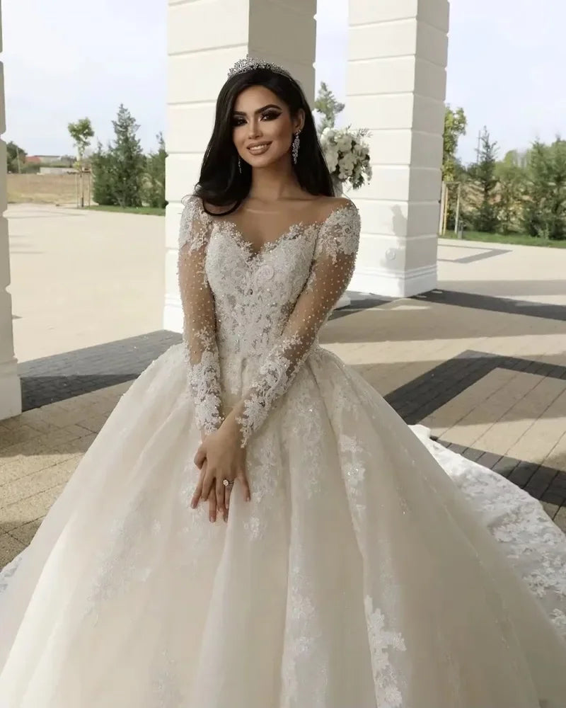 Customized Illusion Neck Church Wedding Dresses Long Sleeve Robe Lace Beading Bride Dress Ball Gown Women Vestidos de novia