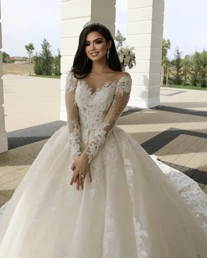 Customized Illusion Neck Church Wedding Dresses Long Sleeve Robe Lace Beading Bride Dress Ball Gown Women Vestidos de novia