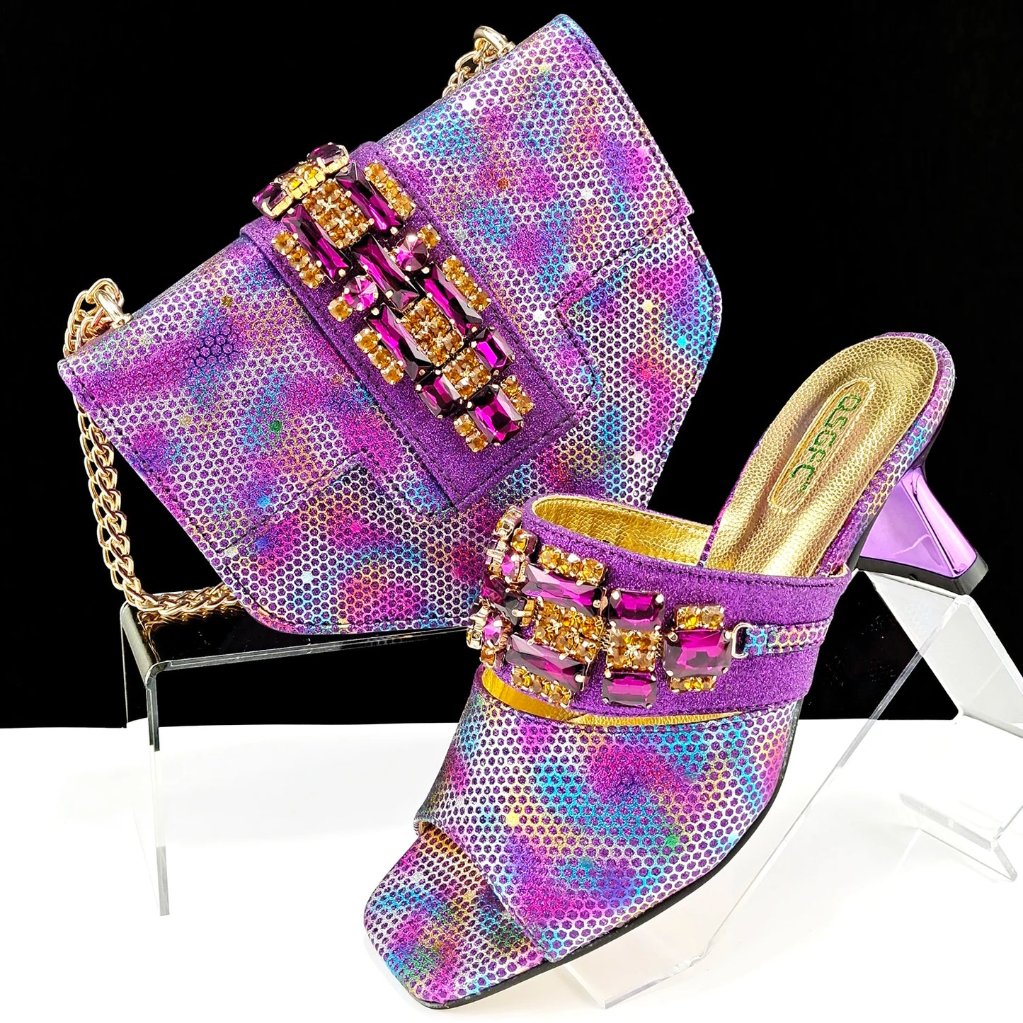 Mature Style Colorful Rhinestone Metal Design Strange High Heel Style Peep Toe Shoes and Bag Set for Party Wedding