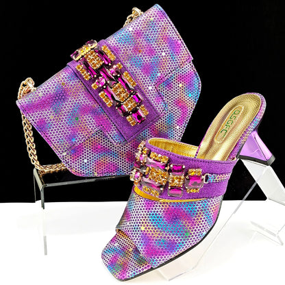 Mature Style Colorful Rhinestone Metal Design Strange High Heel Style Peep Toe Shoes and Bag Set for Party Wedding