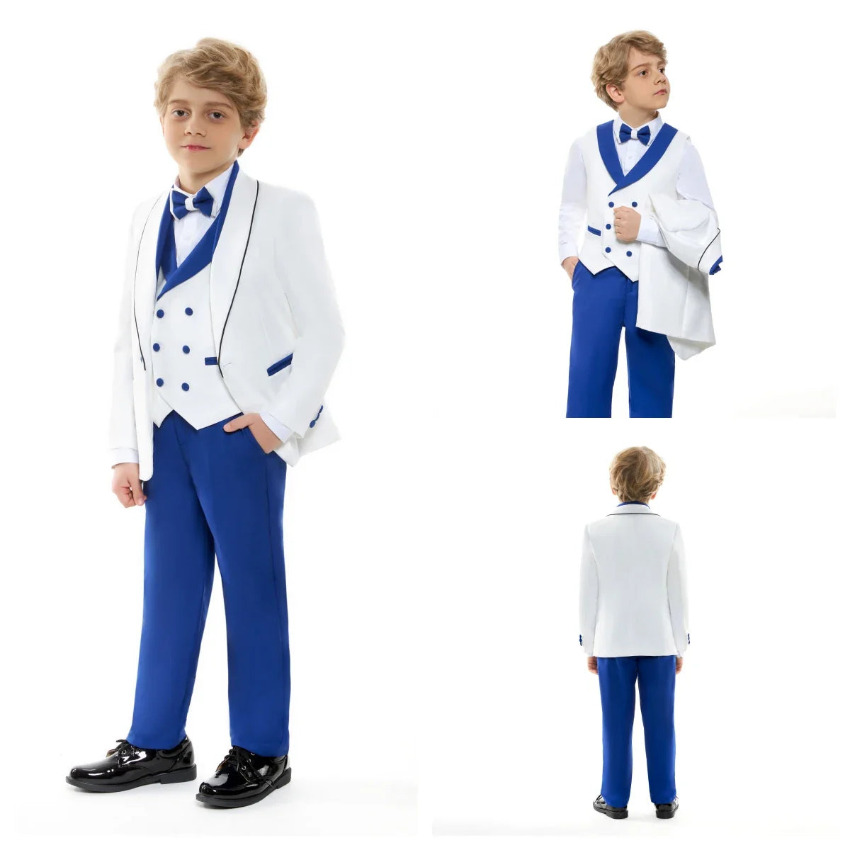 Royal Blue 4 Pieves Smart Boy's Suit Set, Kids Formal Tuxedo Jacket Vest Pants Bow-tie 24 Hours Ship Wedding Ring Bear Piano