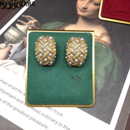 Pearls Stud Earrings for Women Inlaid Rhinestones Palace Style Elegant Jewelry Geometric Hyperbole Aretes De Mujer