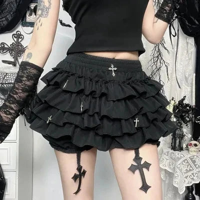 2026 Summer New Arrival Hot Girl Trendy Versatile Mini Skirt Dark Cross DesignTiered Cake Black Fluffy Skirts