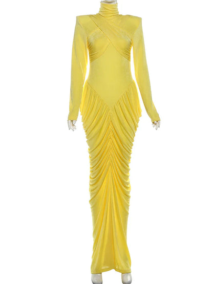 Autumn New Style Maxi Dress Women Turtleneck Full Sleeve Backless Skinny Stretch  Prom Party Ruched Elegant Vestidos