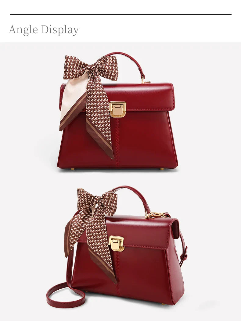 Genuine Leather Handbag with Scarf | Luxury Designer Trendy Shoulder Bag Solid Color Commuting Bag | bags for women gift