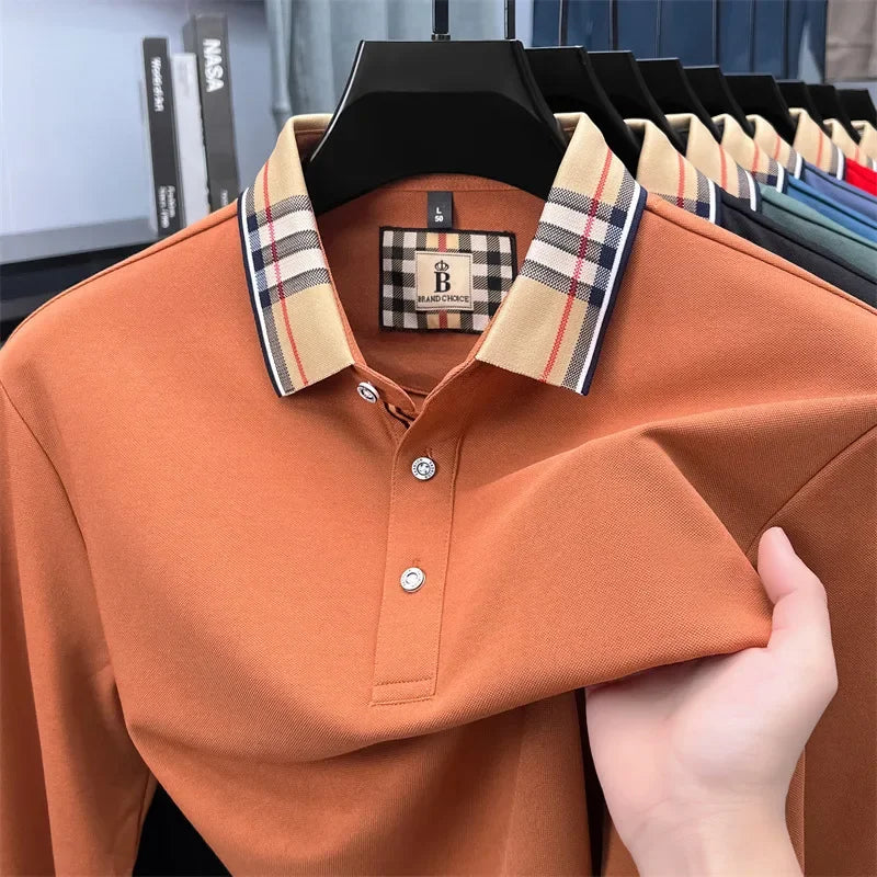 Men's Plaid Long Sleeve Polo Shirt Autumn Winter Casual Office Outdoor Fashion Top Commercial Collar Trendy Men's Clothing