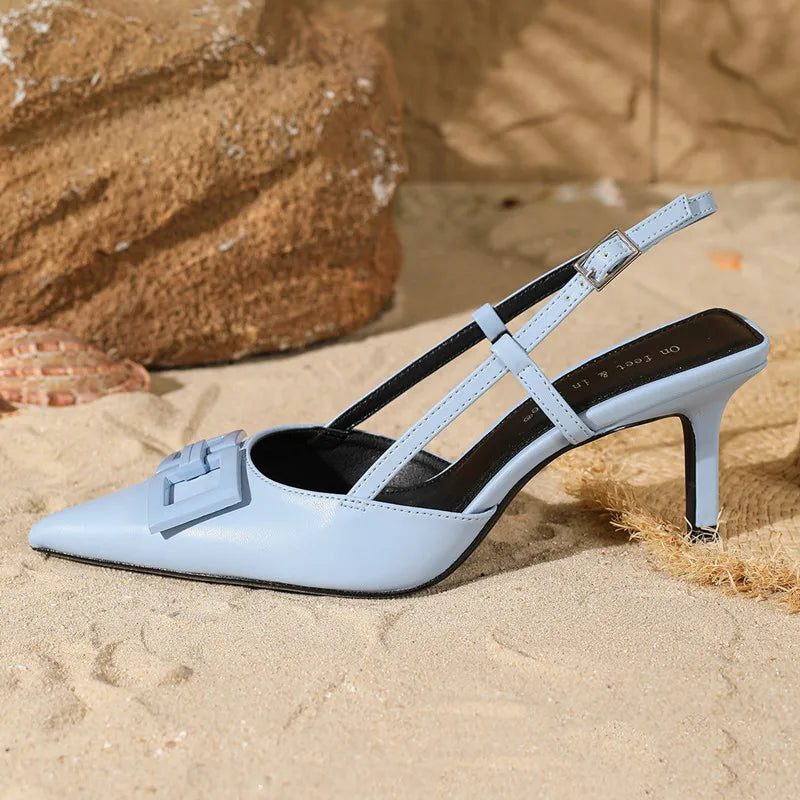 High Quality Blue Metal Embellish Designer Brand Sandal Women Pointed Toe Back Strap Buckle Slide Sandal Elegant Plus Size Mules