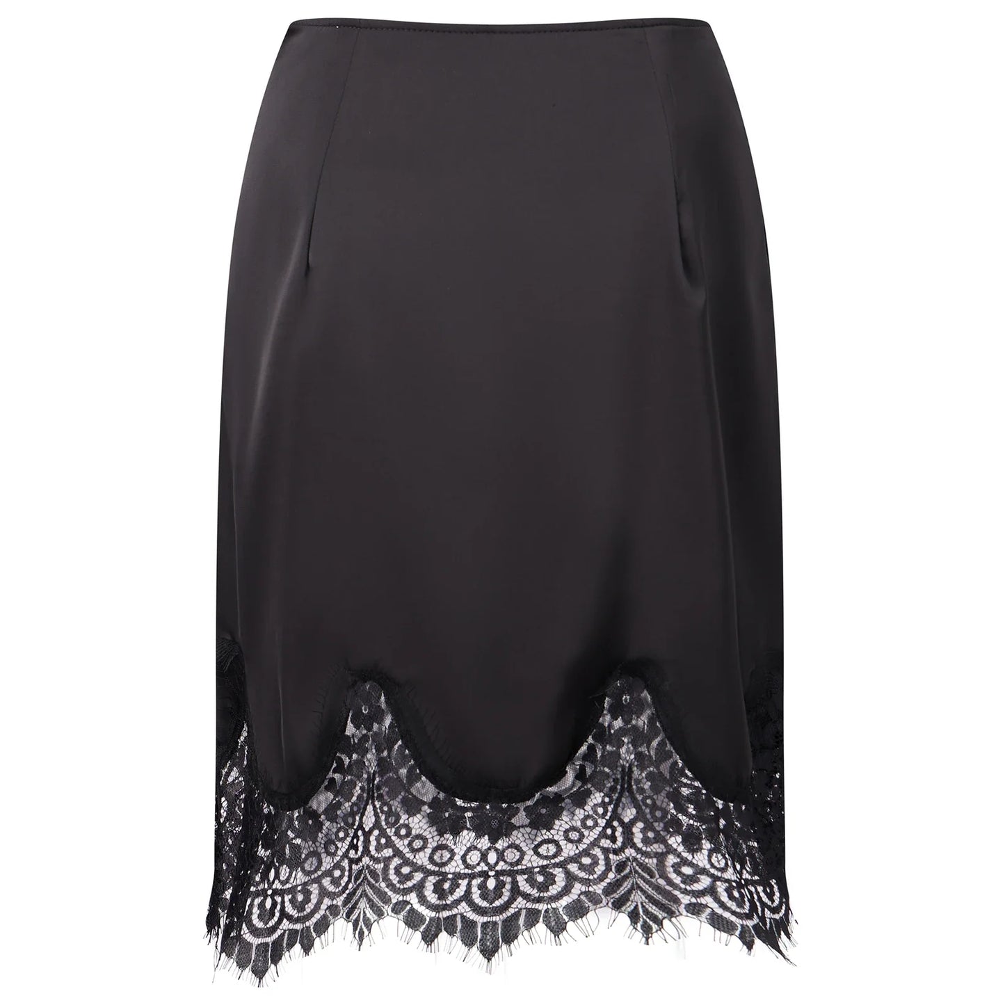 Women Satin Half Slip Skirts Lace Trim Elastic Waist Midi Skirt Elegant Silky Bodycon Knee Length Underskirts