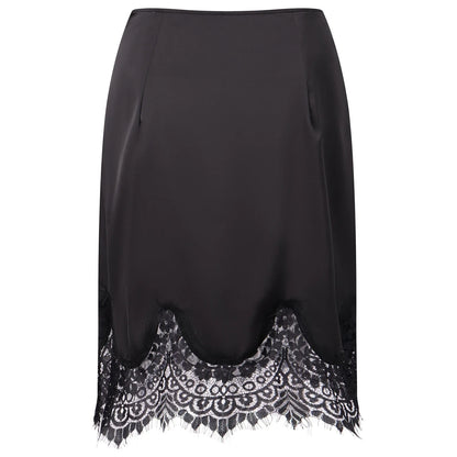Women Satin Half Slip Skirts Lace Trim Elastic Waist Midi Skirt Elegant Silky Bodycon Knee Length Underskirts