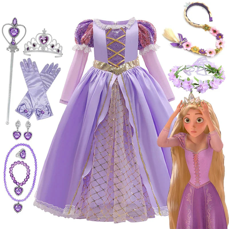 Girls Rapunzel Dress Kids Tangled Disguise Carnival Girl Princess Costume Birthday Party Gown Outfit Clothes 2-10 Years