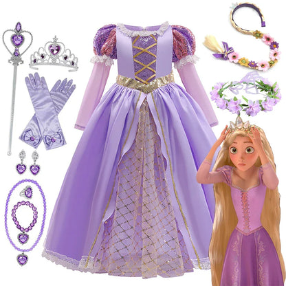 Girls Rapunzel Dress Kids Tangled Disguise Carnival Girl Princess Costume Birthday Party Gown Outfit Clothes 2-10 Years