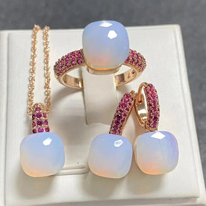 Conjunto de Joias Femininas 3 Peças - Anel, Brincos e Colar Banhados a Ouro Rosé com Zircônia Roxa Incrustada