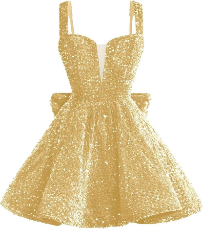 Sparkly Sequin Homecoming Dresses 2026 Short Spaghetti Straps V Neck Cocktail Party Gowns with Bow  Mini Dress Graduation Dress