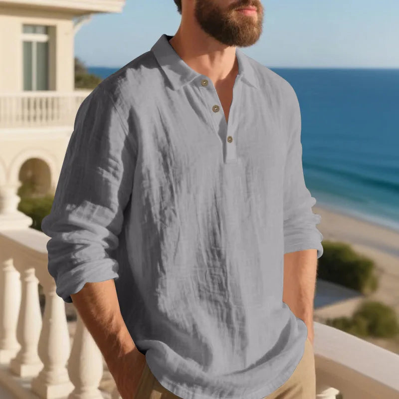 Linen shirt stand-up collar button-down men's loose casual breathable V-neck long-sleeved polo shirt