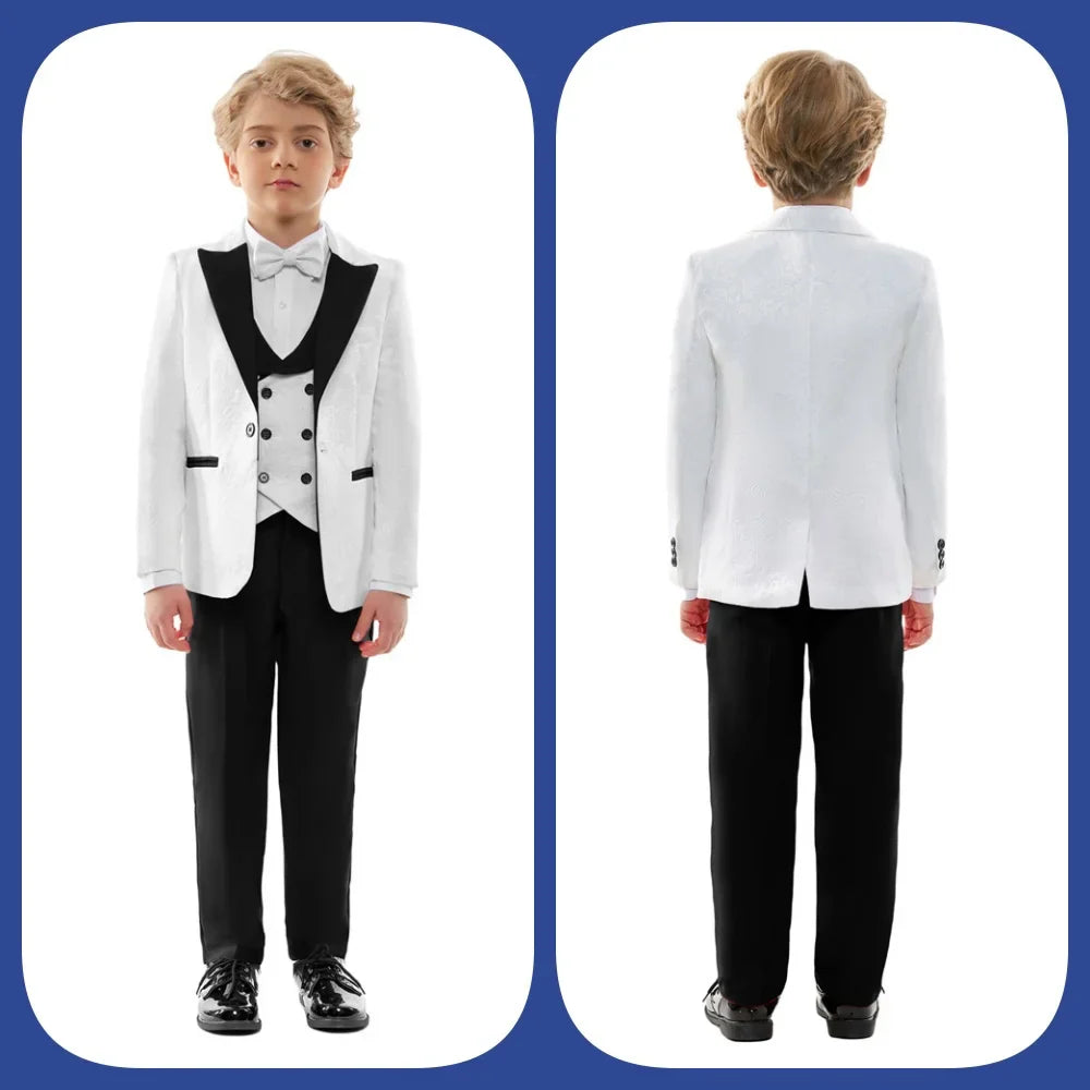 Handsome Linen Boys Suit 4-Piece Set with Floral Bow Tie 2026 Classic Formal Blazer Vest Pants for Ring Bearer Wedding Party