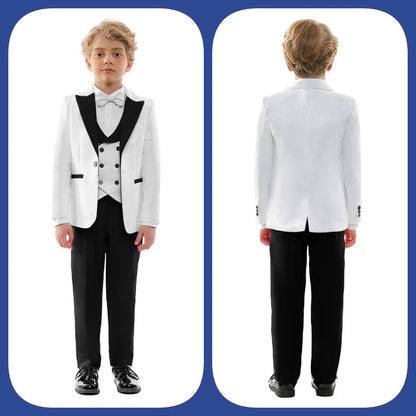 Handsome Linen Boys Suit 4-Piece Set with Floral Bow Tie 2026 Classic Formal Blazer Vest Pants for Ring Bearer Wedding Party