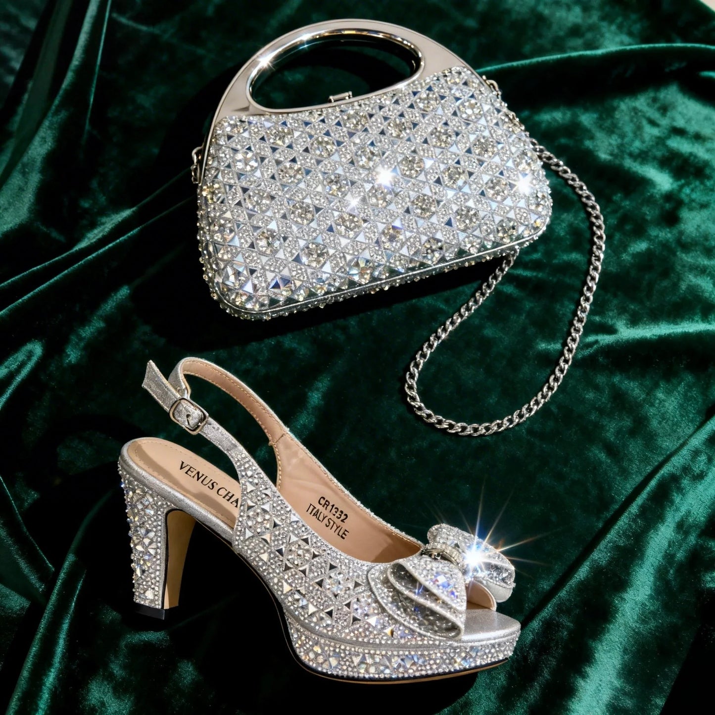 Women’s Italian Gold High Heels with Rhinestone Detail & Matching Bag Set - Stylish Pointed Toe Design