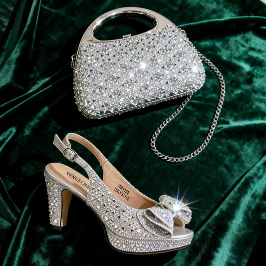 Silver Rhinestone Peep-Toe High Heel Sandals and Bag Set for Women –Elegant Italian Style Perfect for Weddings and Parties