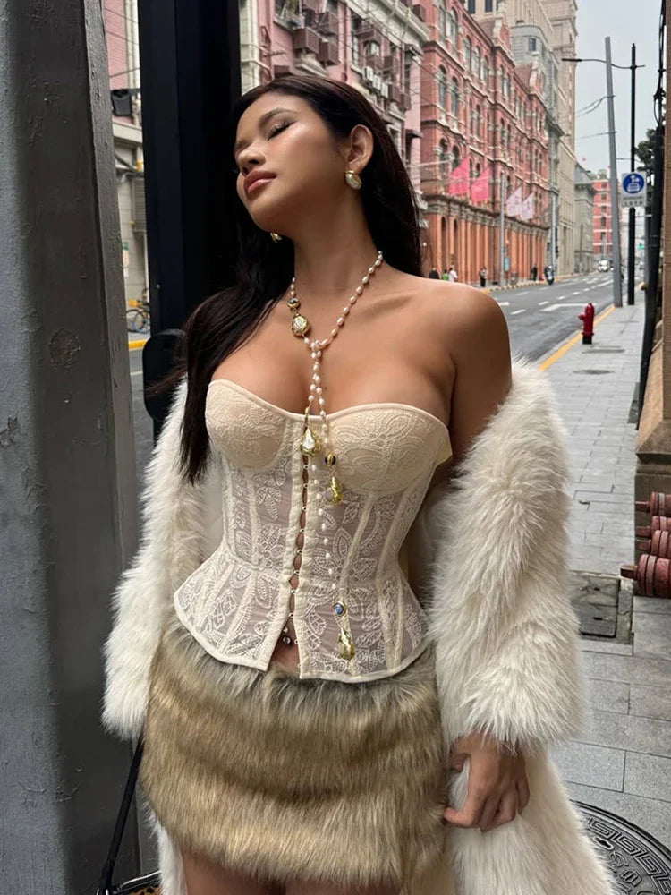 See Through Women Warp Sleeveless Lace Pattern Concealed Metal Buckle Backless Sexy Summer Trend Simple Midnight Mini Top