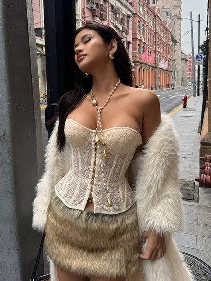 See Through Women Warp Sleeveless Lace Pattern Concealed Metal Buckle Backless Sexy Summer Trend Simple Midnight Mini Top