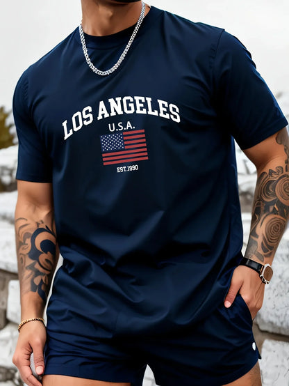 Vintage Los Angeles USA Flag Print on Premium 100% Cotton Mens T shirt Perfect for Summer West Coast Streetwear and Casual Style