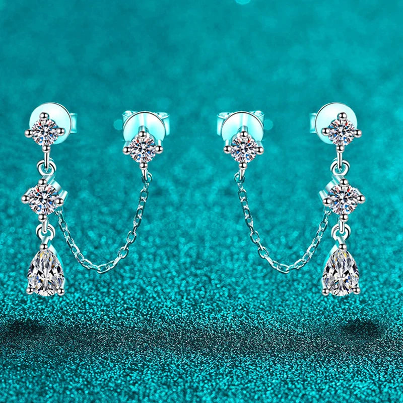 Round/pear Cut Full Moissanite Tassel Stud Earring for Women 8 Gems Wedding Jewelry 925 Solid Silver Plated 18K Wholesale