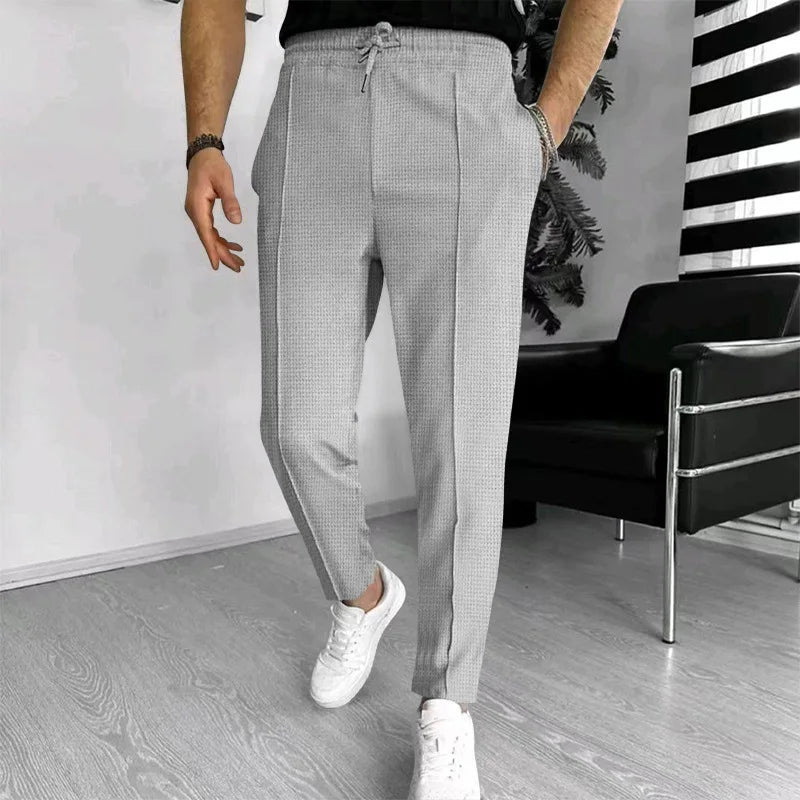 Mens Stylish Waffle Pants - Casual Sports Slim Fit with Adjustable Drawstring Secure Pockets for All Seasons - Perfect Outdoor