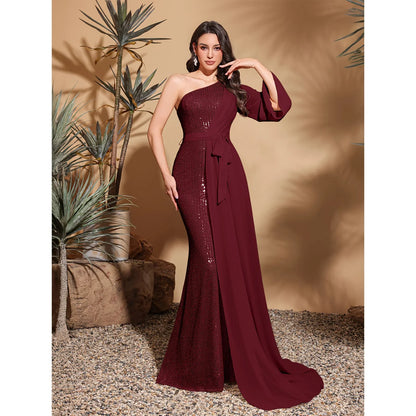 Sequined one-shoulder chiffon patchwork belt-decorated hip dress