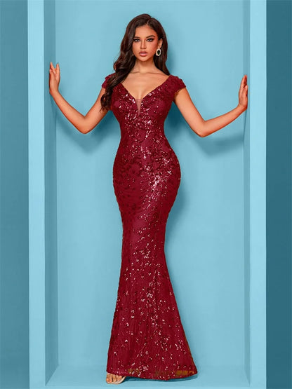Elegant Champagne Evening Dress For Women Long 2024 Luxury Mermaid Formal Sequins Prom Wedding Party Cocktail Dresses